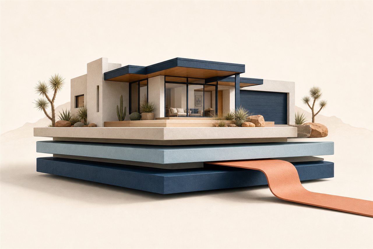 Illustrated home resting on layered foundations
