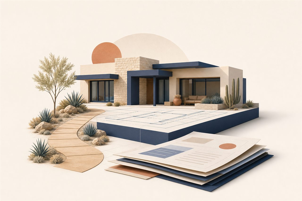 Illustrated desert home with an architectural plan and loan documents
