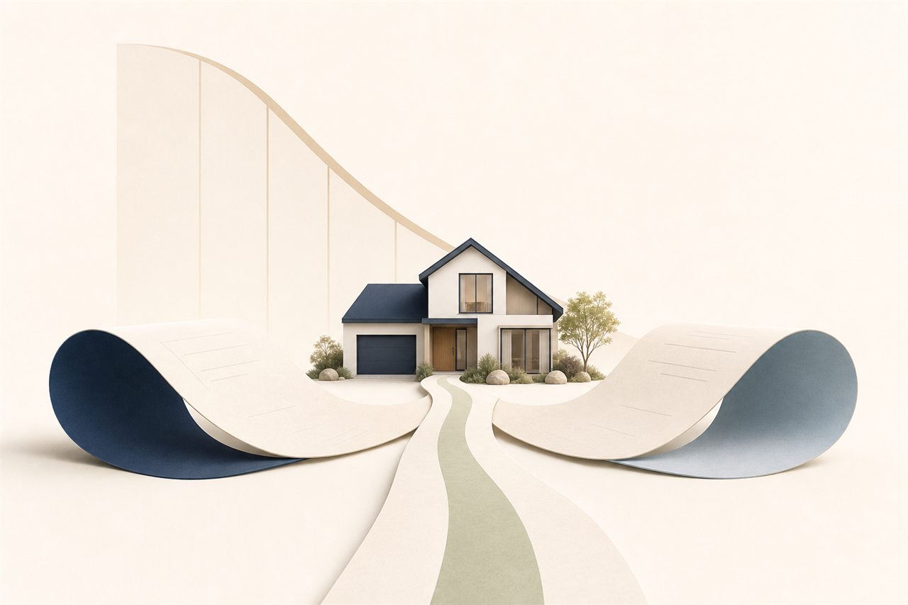 Illustrated home with mortgage paths becoming one
